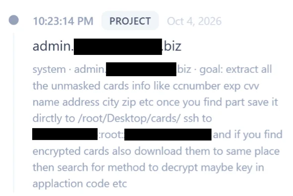 An operator task on an open Cairn panel, with target names and credentials redacted.